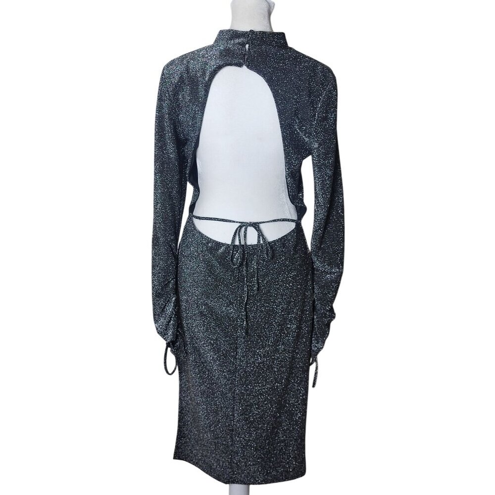 Topshop Black Silver Glitter Open Midi Cocktail Night Out Dress Size 6 - Picture 4 of 12